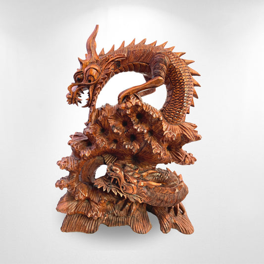 Twin Dragon Cosmic Naga Basuki Antaboga Statue Hand Carved Suar Wood Carving Sculpture Balinese handcrafted Folk Art 21&quot; - Acadia World Traders
