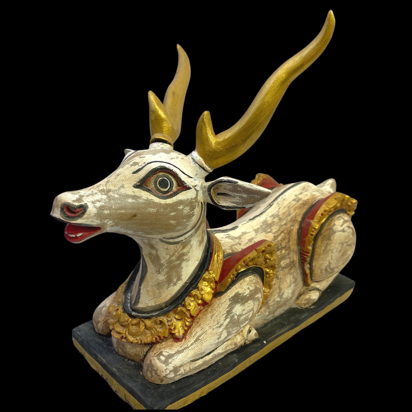 Balinese Vintage Deer Rusa Statue Temple Guardian Polychrome Sculpture hand carved wood Carving Bali Folk art statue Indonesian