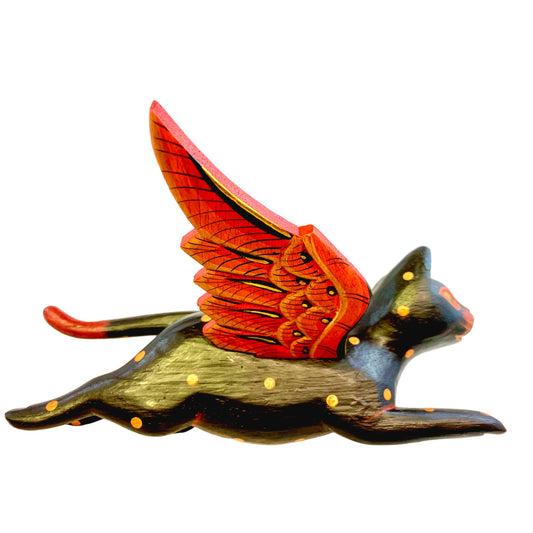 Winged Flying Black Cat Mobile spiritchaser Balinese carved wood Bali Art 10" - Acadia World Traders