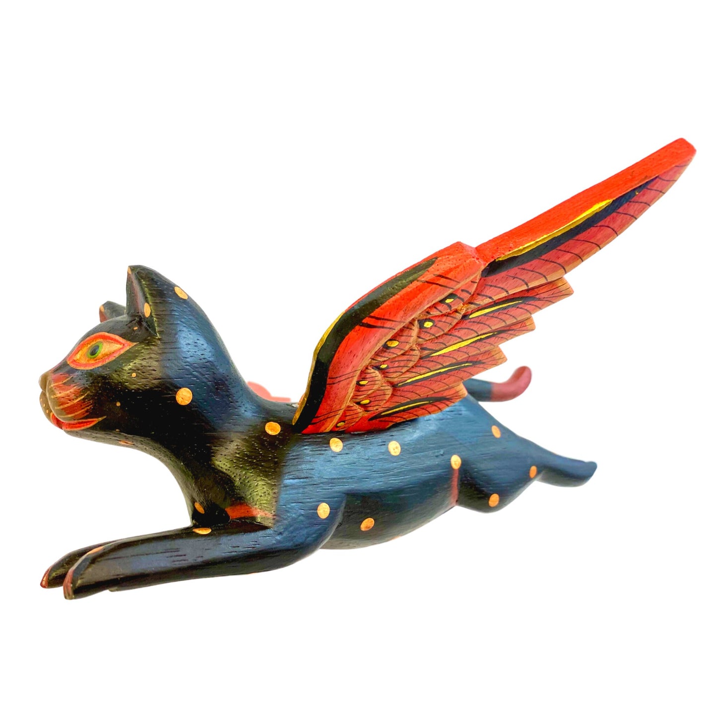 Winged Flying Black Cat Mobile spiritchaser Balinese carved wood Bali Art 10"