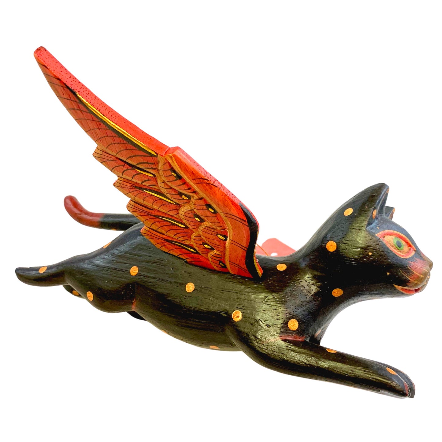 Winged Flying Black Cat Mobile spiritchaser Balinese carved wood Bali Art 10"