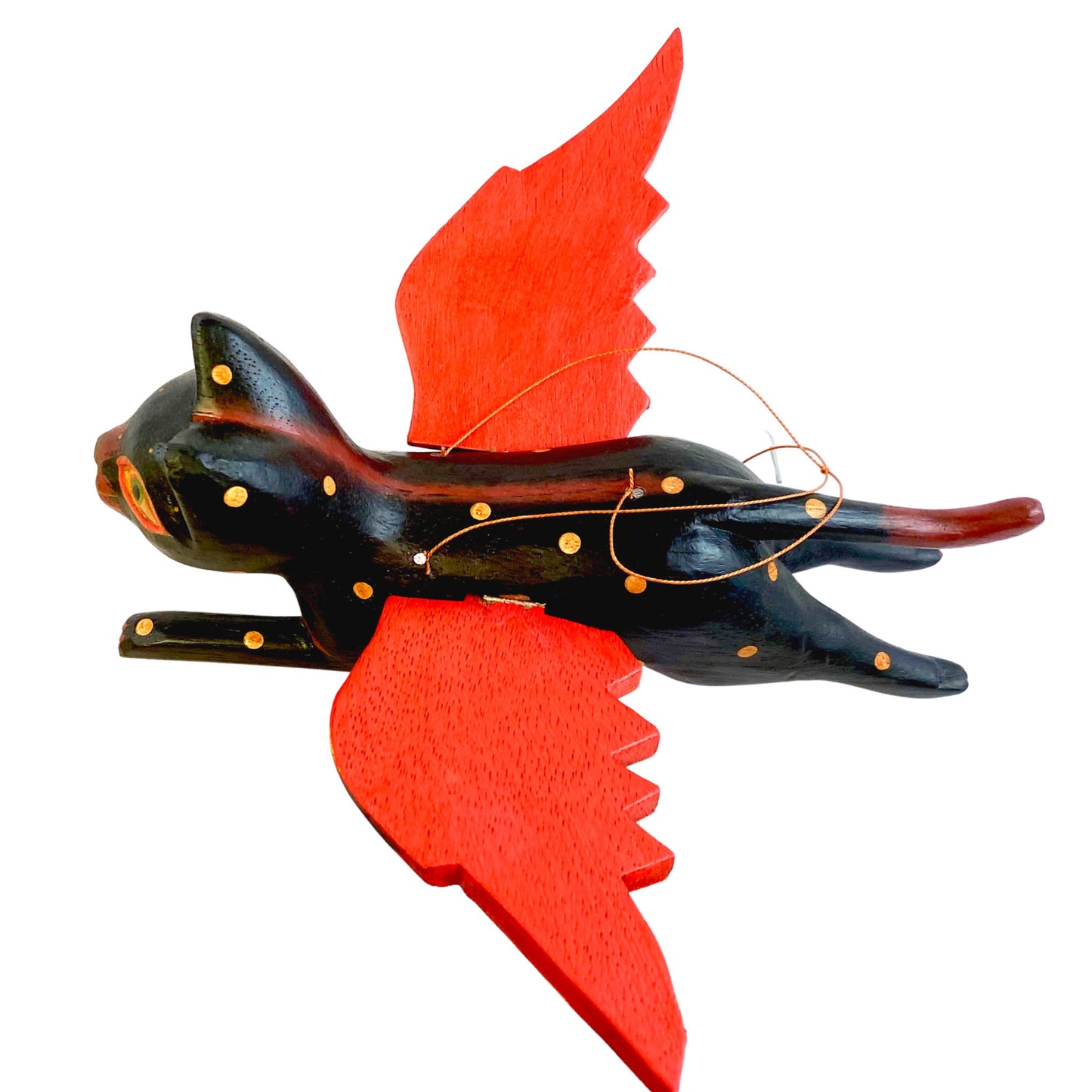 Winged Flying Black Cat Mobile spiritchaser Balinese carved wood Bali Art 10"