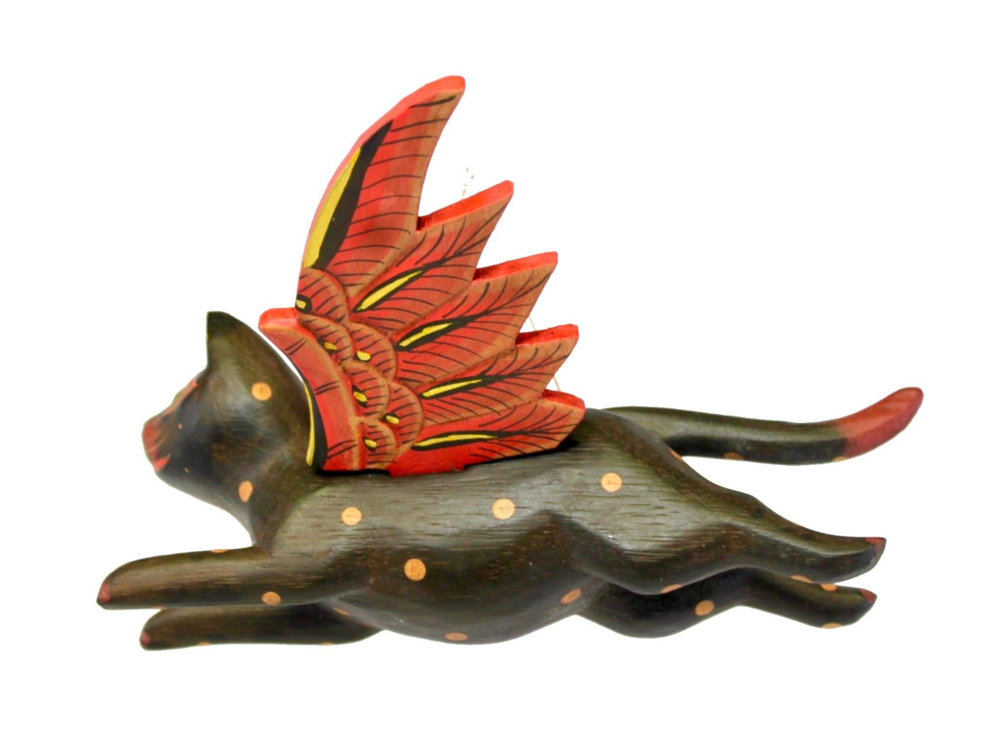 Winged BLACK CAT MOBILE Flying Demon Chaser carved wood Balinese Folk Art 8"