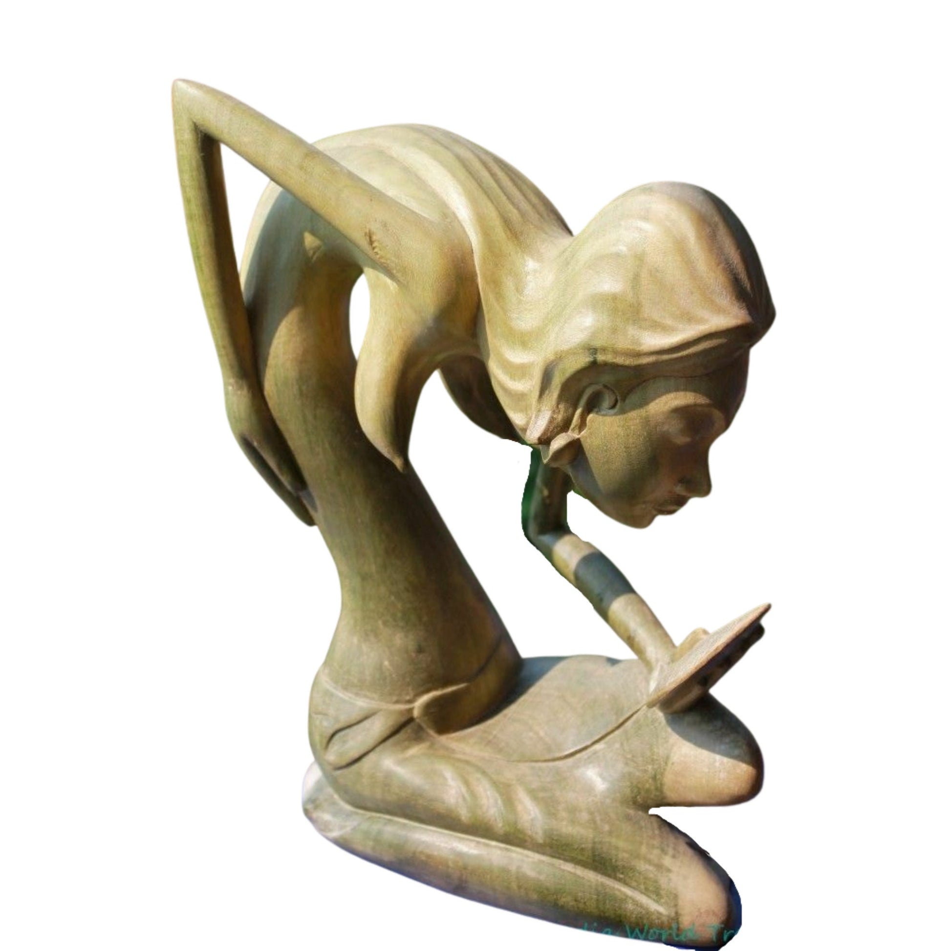 Balinese vintage Elongated  wood carving women with mirror sculpture
