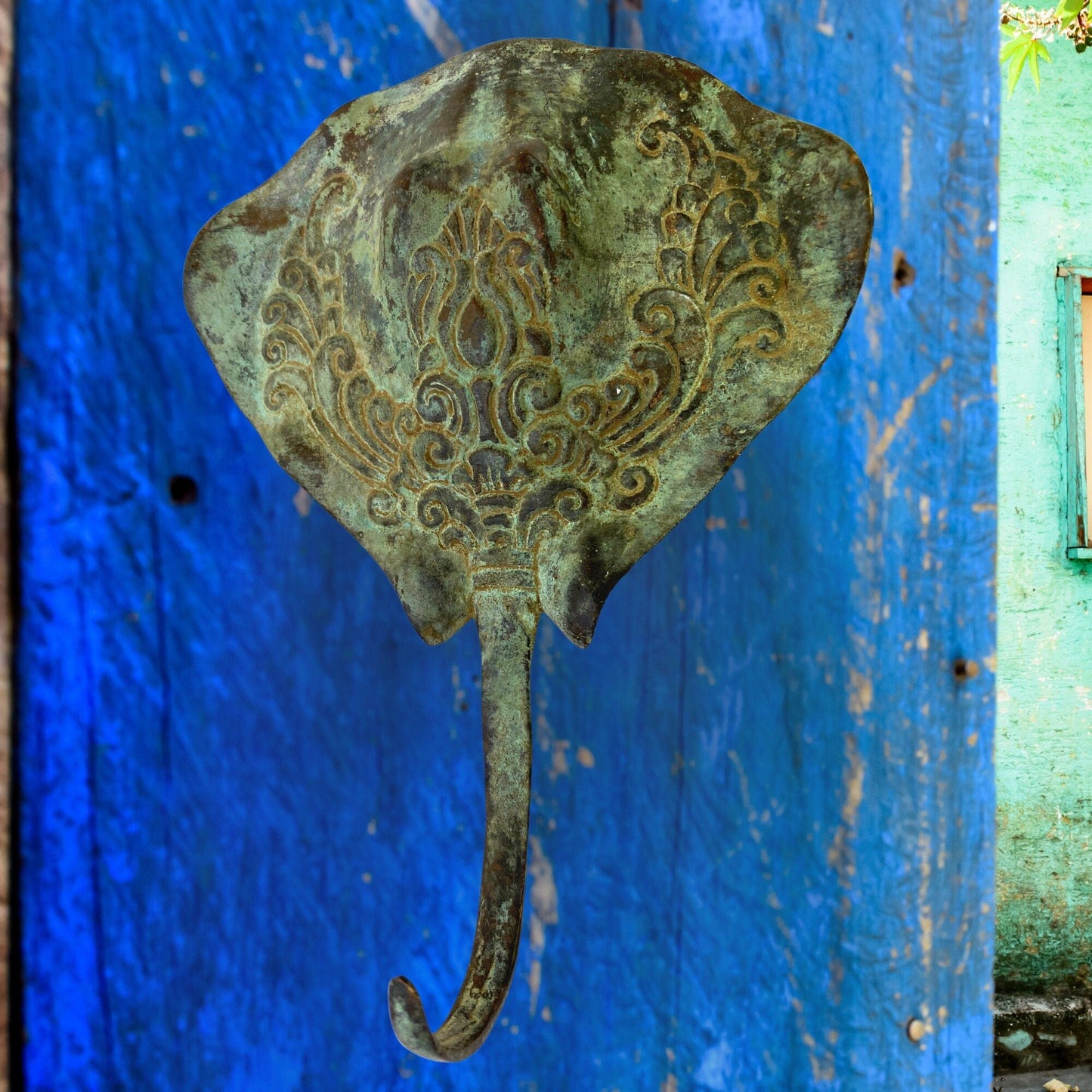 Skate Stingray  Mantaray Wall Hook handmade coat hook Bronze Green Verdigris Patina metal Nautical Home decor