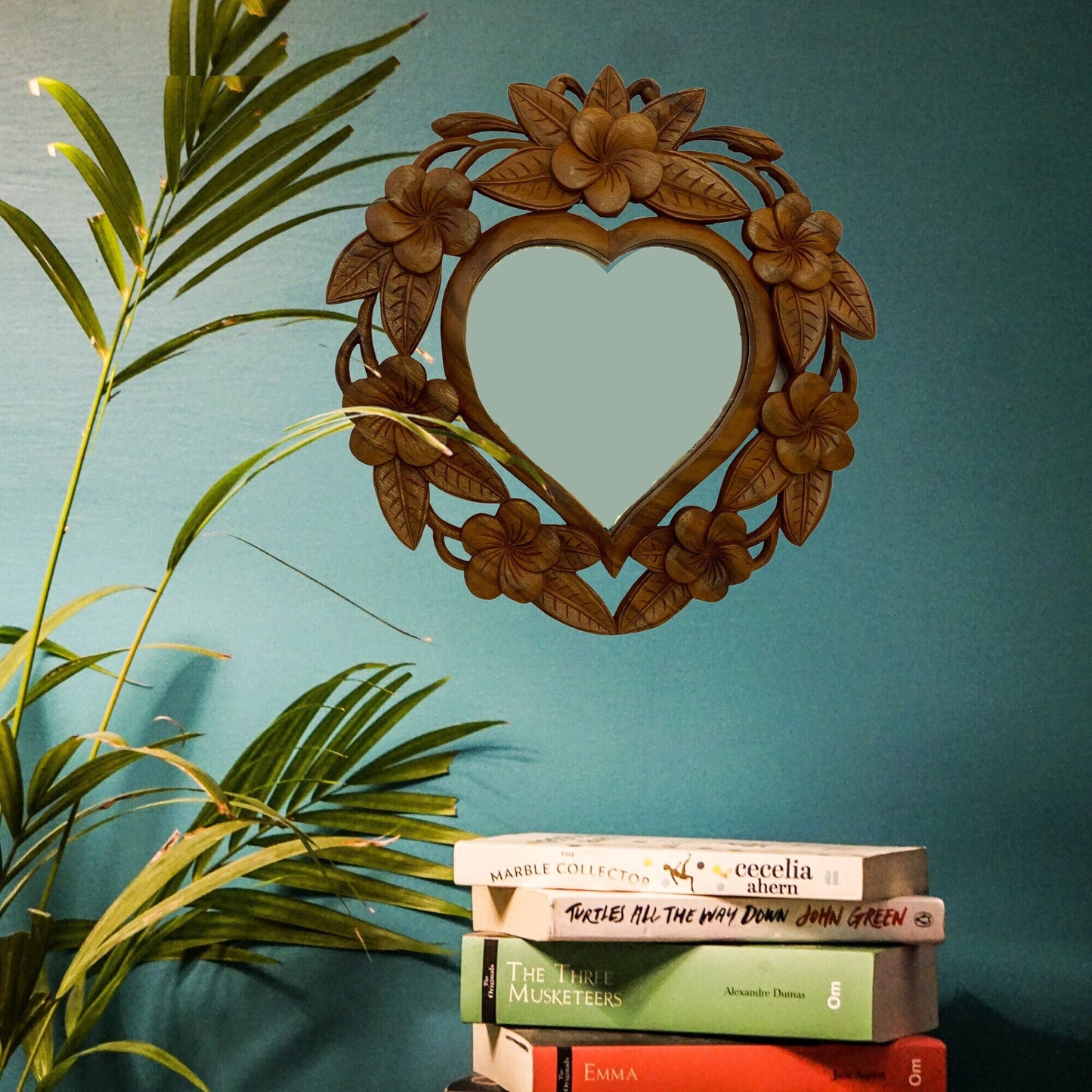 Carved Heart Mirror Handmade Frangipani Plumeria Floral Relief Bali Wall art Suar Wood Carving home decor Looking Glass Balinese art