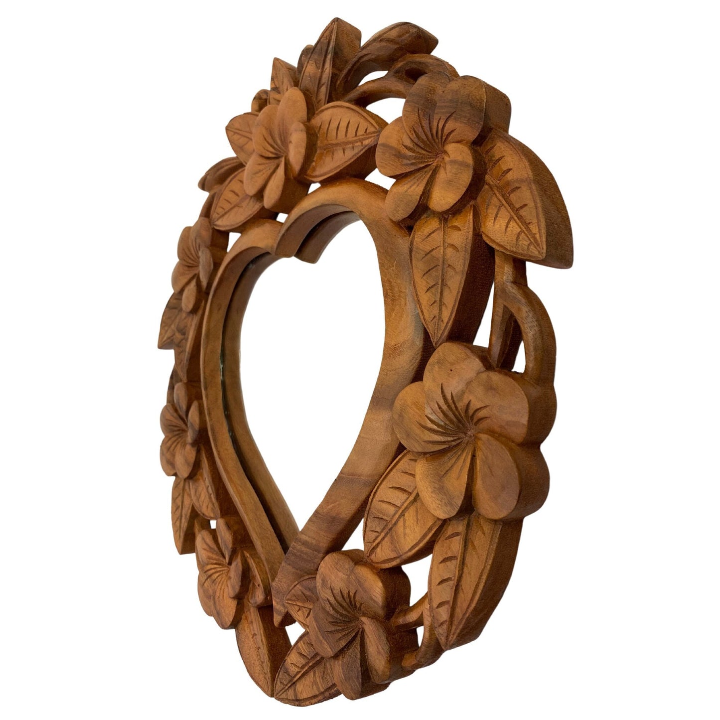 Carved Heart Mirror Handmade Frangipani Plumeria Floral Relief Bali Wall art Suar Wood Carving home decor Looking Glass Balinese art