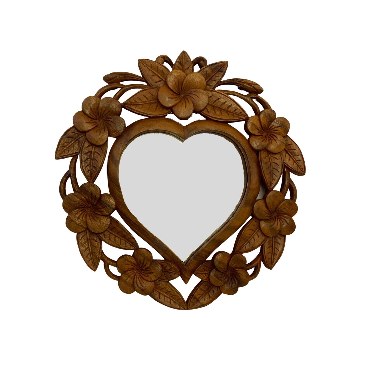 Carved Heart Mirror Handmade Frangipani Plumeria Floral Relief Bali Wall art Suar Wood Carving home decor Looking Glass Balinese art
