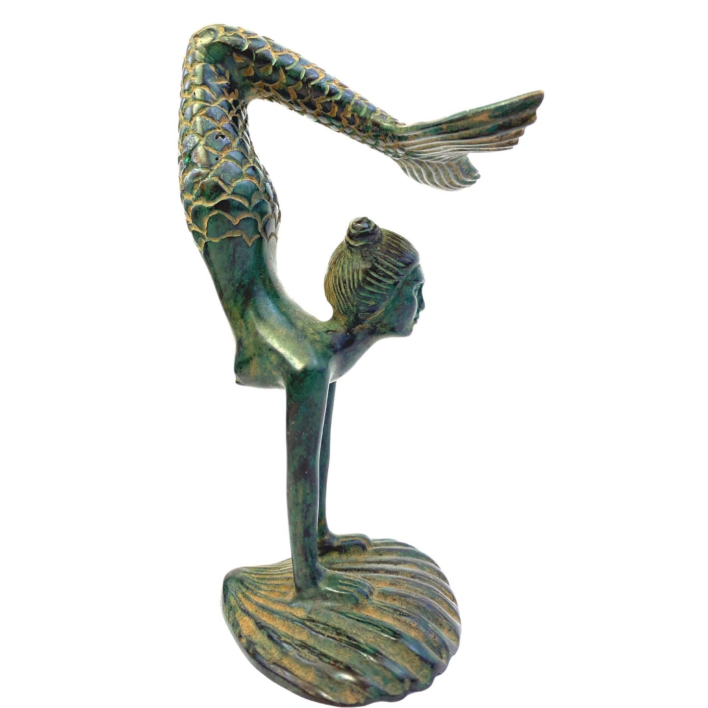 Art Nouveau Bronze Yoga Mermaid Statue: Lost Wax Cast Metal Sculpture,  Green Verdigris Patina