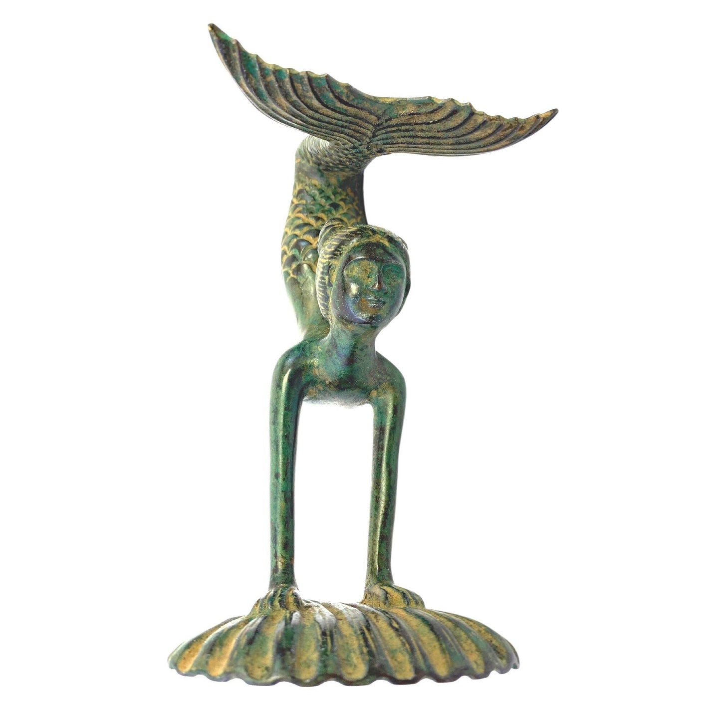 Art Nouveau Bronze Yoga Mermaid Statue: Lost Wax Cast Metal Sculpture,  Green Verdigris Patina