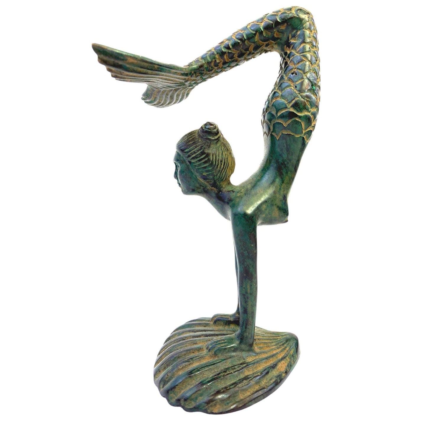 Art Nouveau Bronze Yoga Mermaid Statue: Lost Wax Cast Metal Sculpture,  Green Verdigris Patina