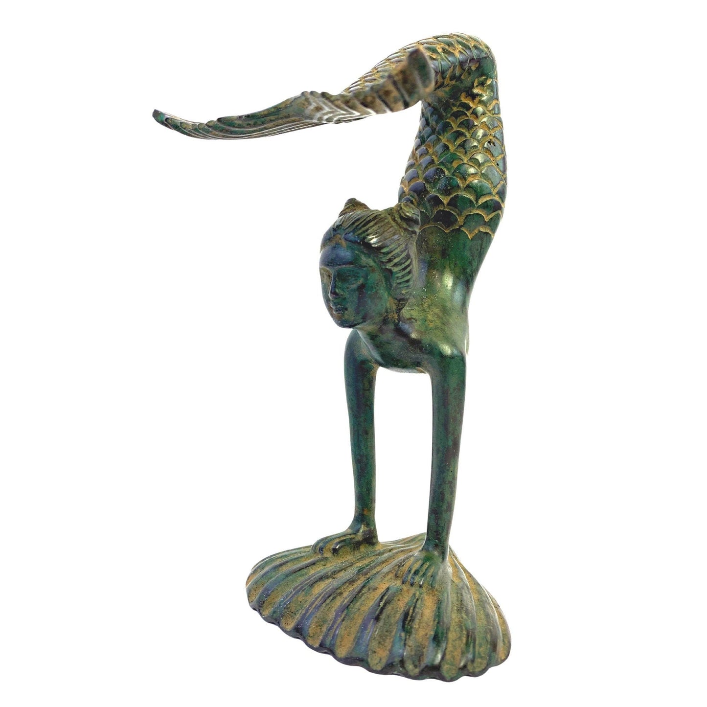 Art Nouveau Bronze Yoga Mermaid Statue: Lost Wax Cast Metal Sculpture,  Green Verdigris Patina