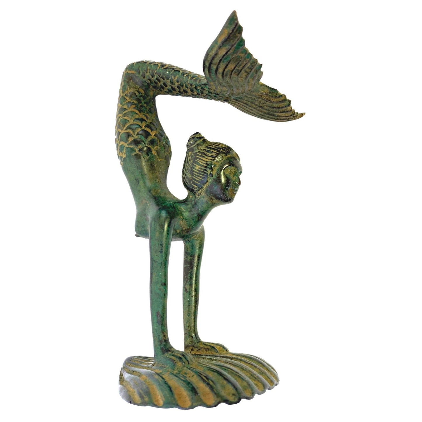Art Nouveau Bronze Yoga Mermaid Statue: Lost Wax Cast Metal Sculpture,  Green Verdigris Patina