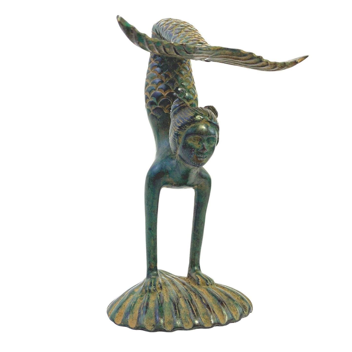 Art Nouveau Bronze Yoga Mermaid Statue: Lost Wax Cast Metal Sculpture,  Green Verdigris Patina