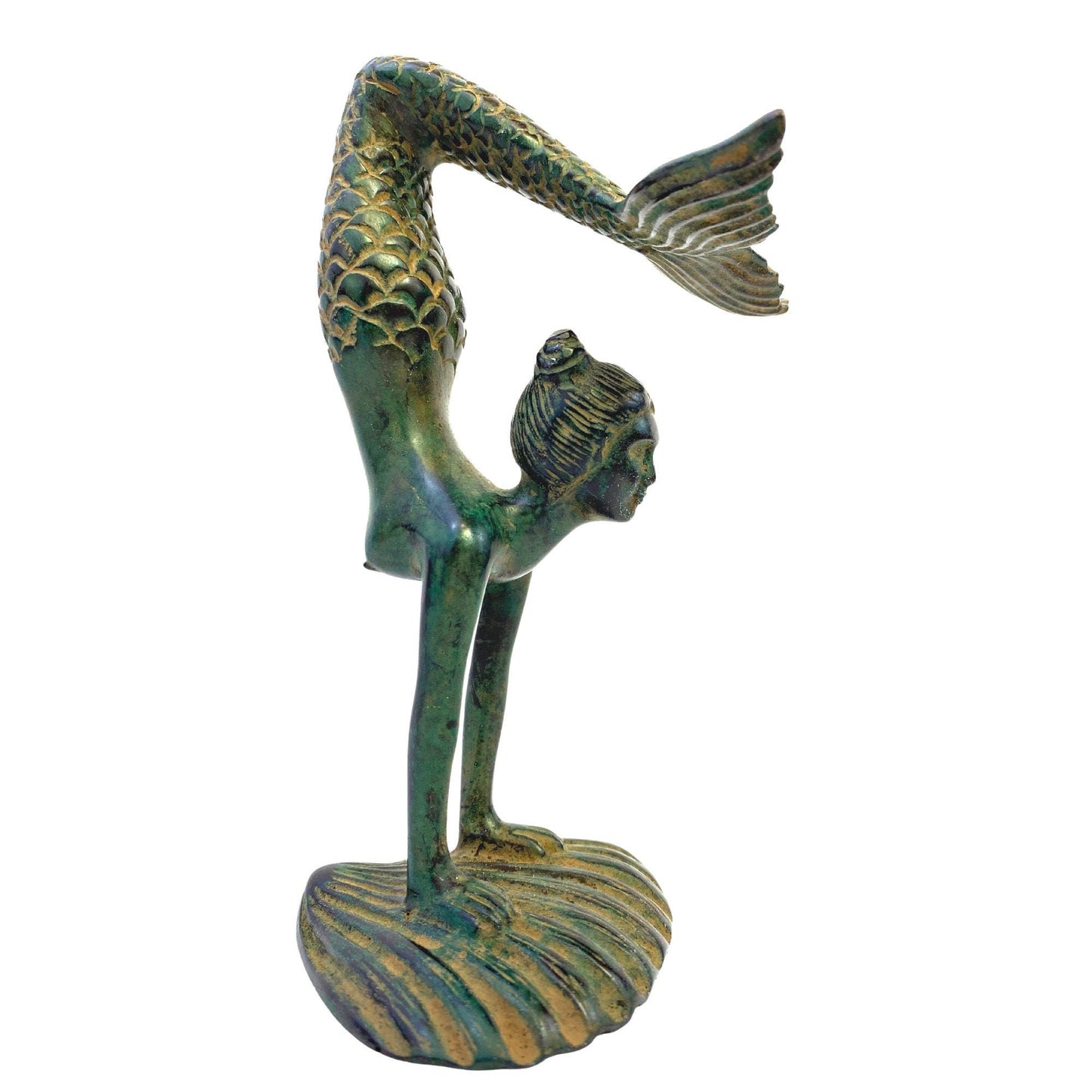 Art Nouveau Bronze Yoga Mermaid Statue: Lost Wax Cast Metal Sculpture,  Green Verdigris Patina