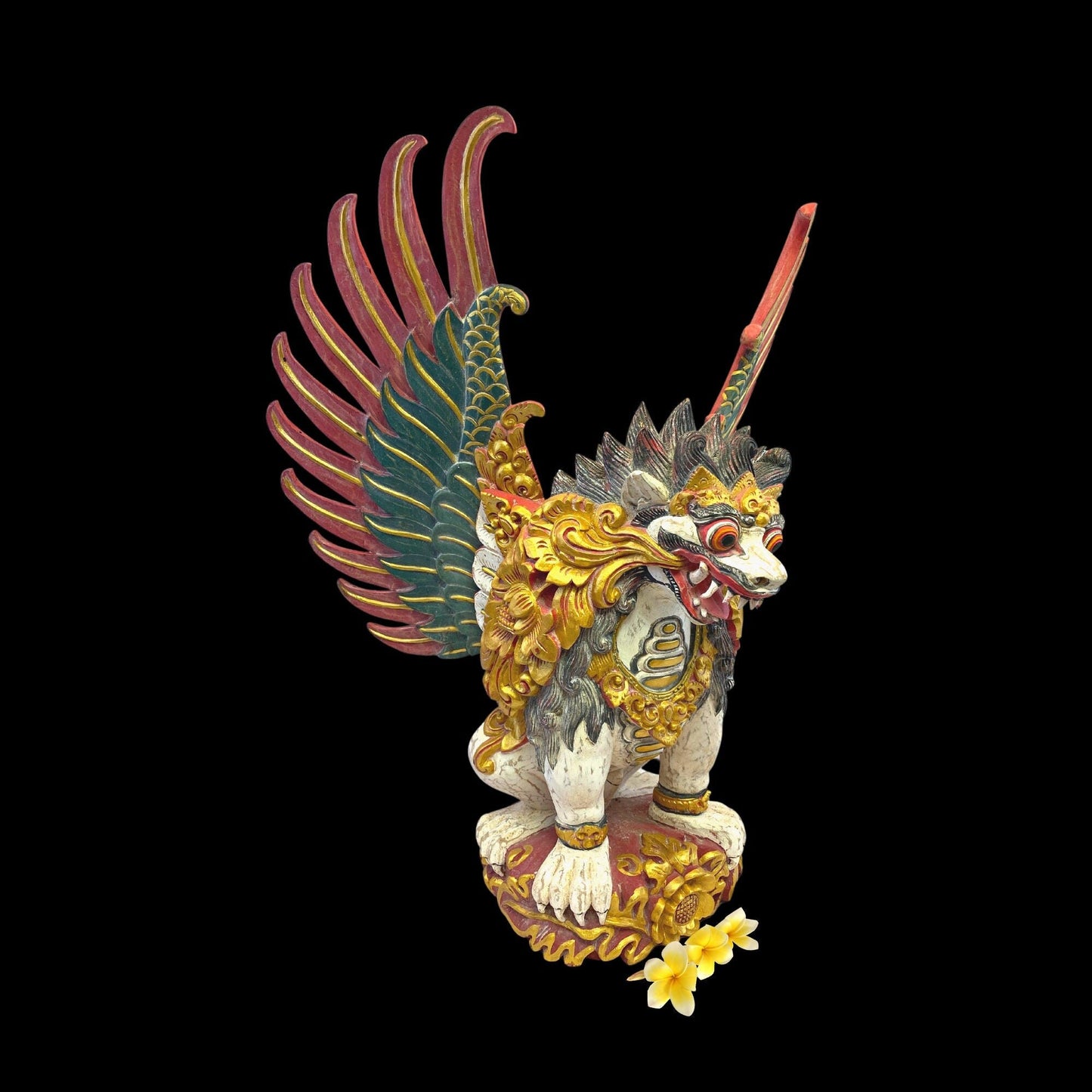 Balinese Wood Carving Singa Barong Sculpture: Polychrome Carved Wood Temple Statue, Winged Mythical Lion