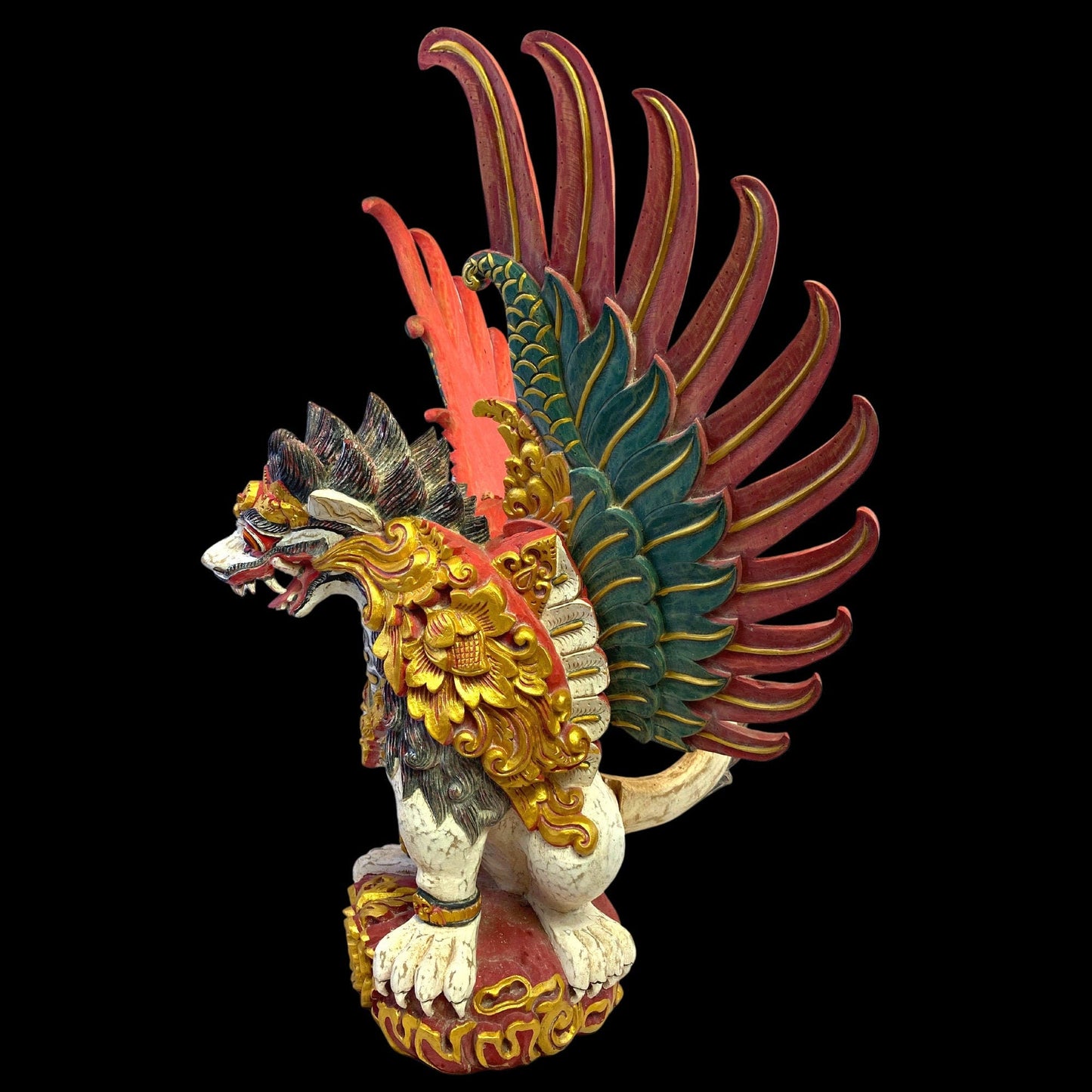 Balinese Wood Carving Singa Barong Sculpture: Polychrome Carved Wood Temple Statue, Winged Mythical Lion