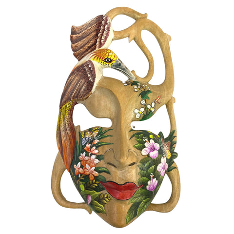 Balinese Abstract Mask Golden Bird Rainforest Goddess Dream Mask Carved Wood Carving Bali Wall Decor Art