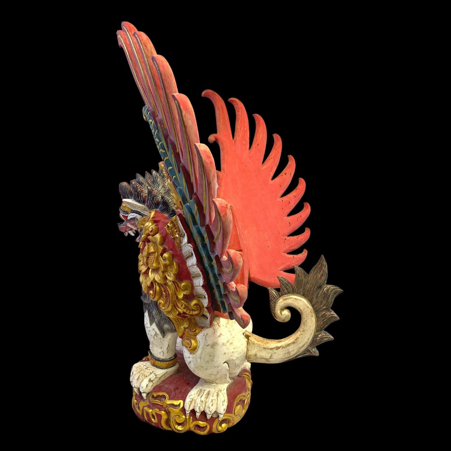 Balinese Wood Carving Singa Barong Sculpture: Polychrome Carved Wood Temple Statue, Winged Mythical Lion
