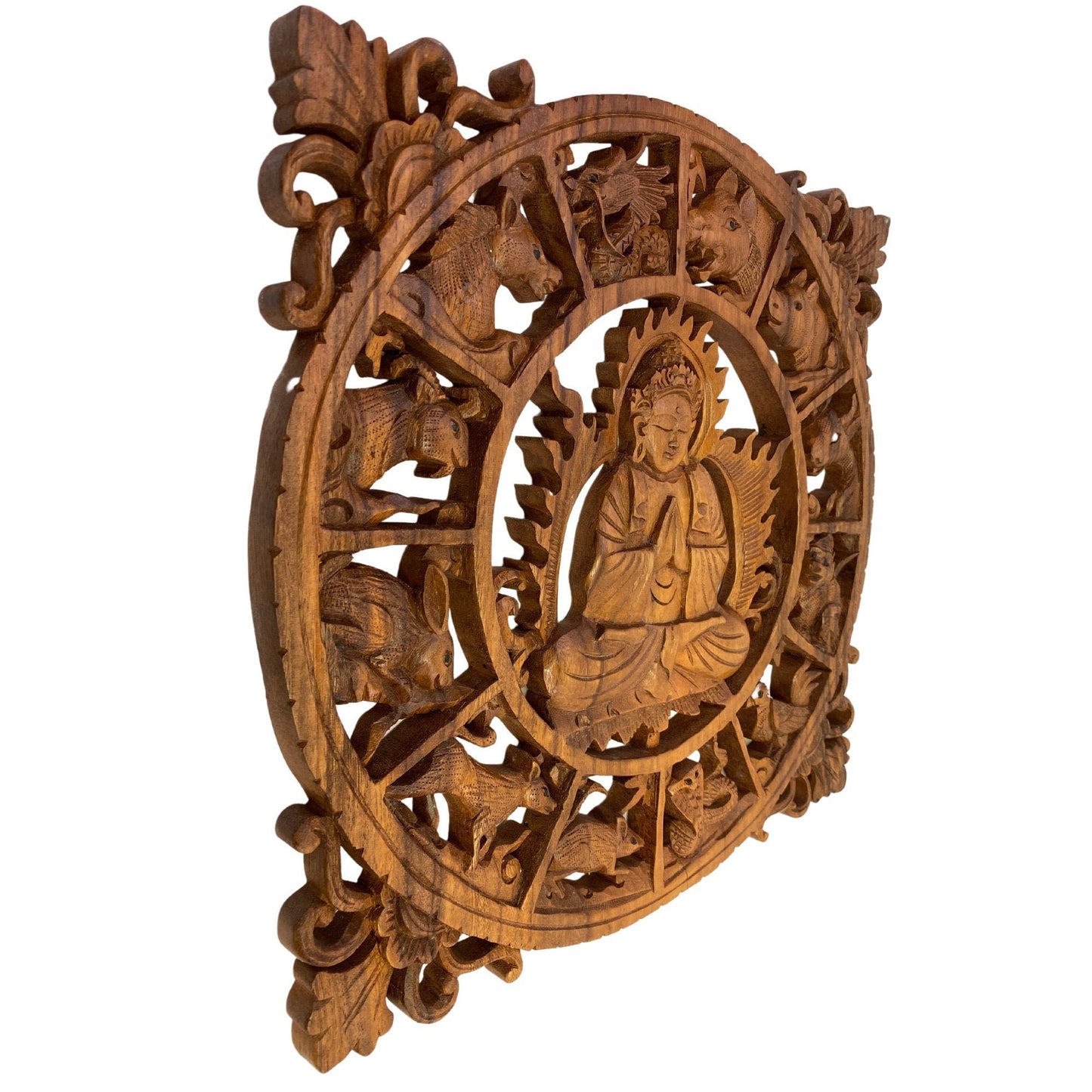 Chinese Zodiac Buddha Panel Hand Carved Suar Wood Carving Bali Wall Sculpture Asian Art