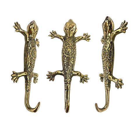 Gecko Wall Hook Lizard Embossed Lotus handmade solid brass coat hook gold  metal Home decor