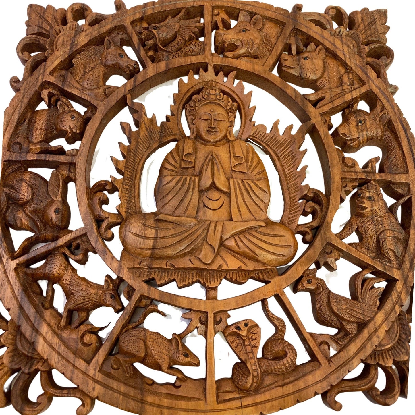 Chinese Zodiac Buddha Panel Hand Carved Suar Wood Carving Bali Wall Sculpture Asian Art