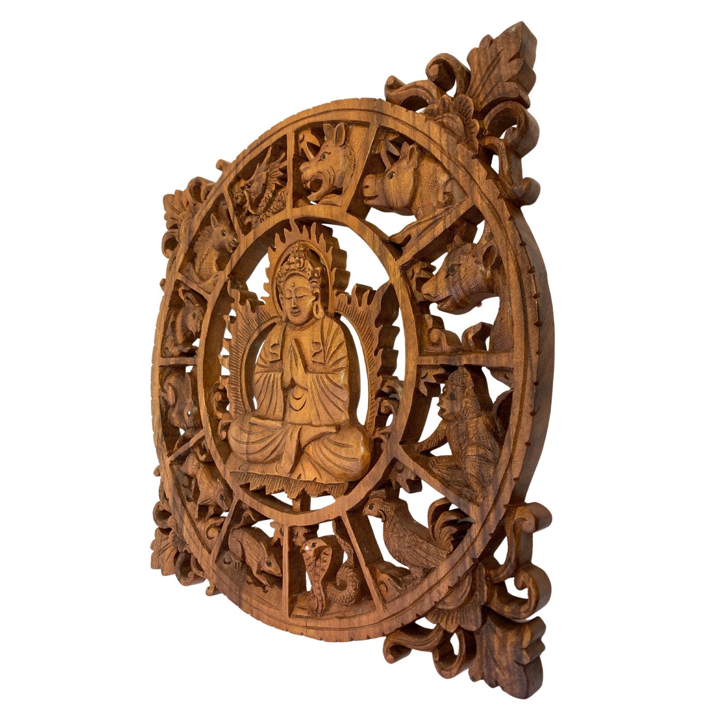 Chinese Zodiac Buddha Panel Hand Carved Suar Wood Carving Bali Wall Sculpture Asian Art