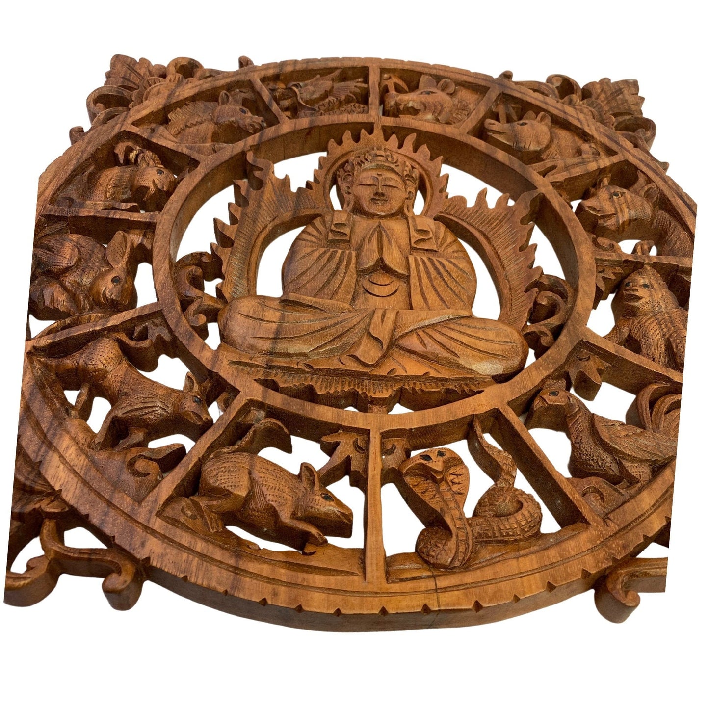 Chinese Zodiac Buddha Panel Hand Carved Suar Wood Carving Bali Wall Sculpture Asian Art
