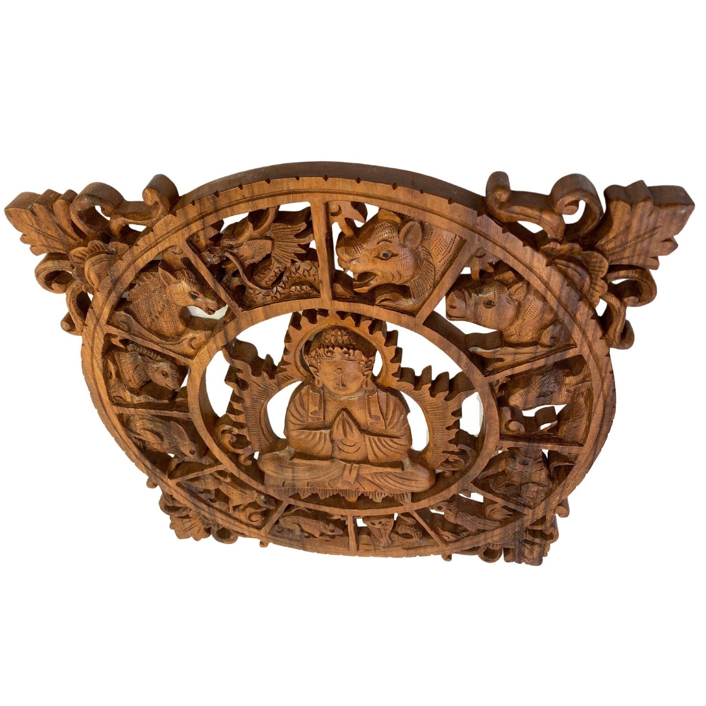 Chinese Zodiac Buddha Panel Hand Carved Suar Wood Carving Bali Wall Sculpture Asian Art