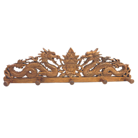 Balinese Twin Dragon Naga Lotus Coat Hook Relief Panel Hand Carved Wood Bali wall Art Asian Home Decor