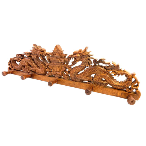 Balinese Twin Dragon Naga Lotus Coat Hook Relief Panel Hand Carved Wood Bali wall Art Asian Home Decor