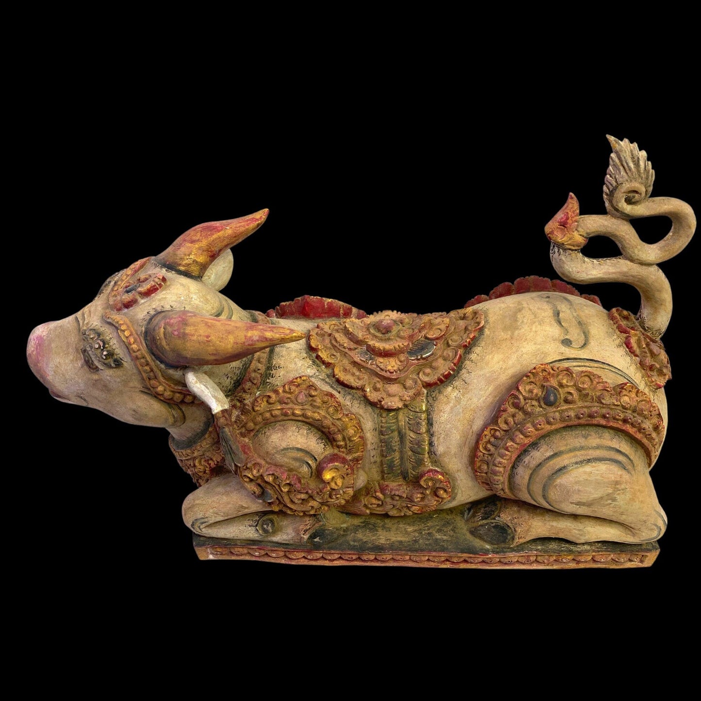 Old Balinese Vintage Nandi The Bull Pratima Sculpture Polychrome Hand Carved Cempaka Wood Statue Bali Indonesian temple Art
