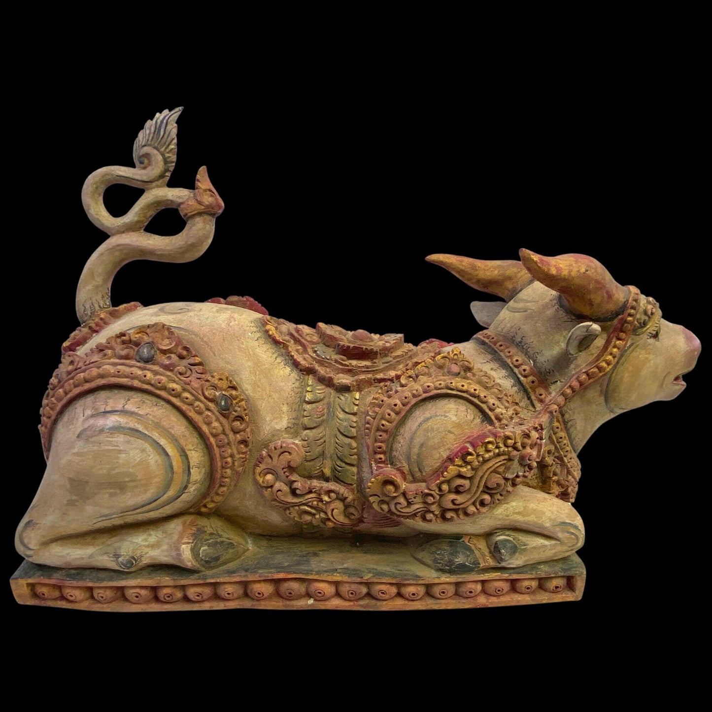Old Balinese Vintage Nandi The Bull Pratima Sculpture Polychrome Hand Carved Cempaka Wood Statue Bali Indonesian temple Art