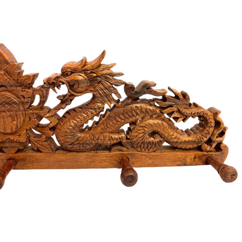 Balinese Twin Dragon Naga Lotus Coat Hook Relief Panel Hand Carved Wood Bali wall Art Asian Home Decor