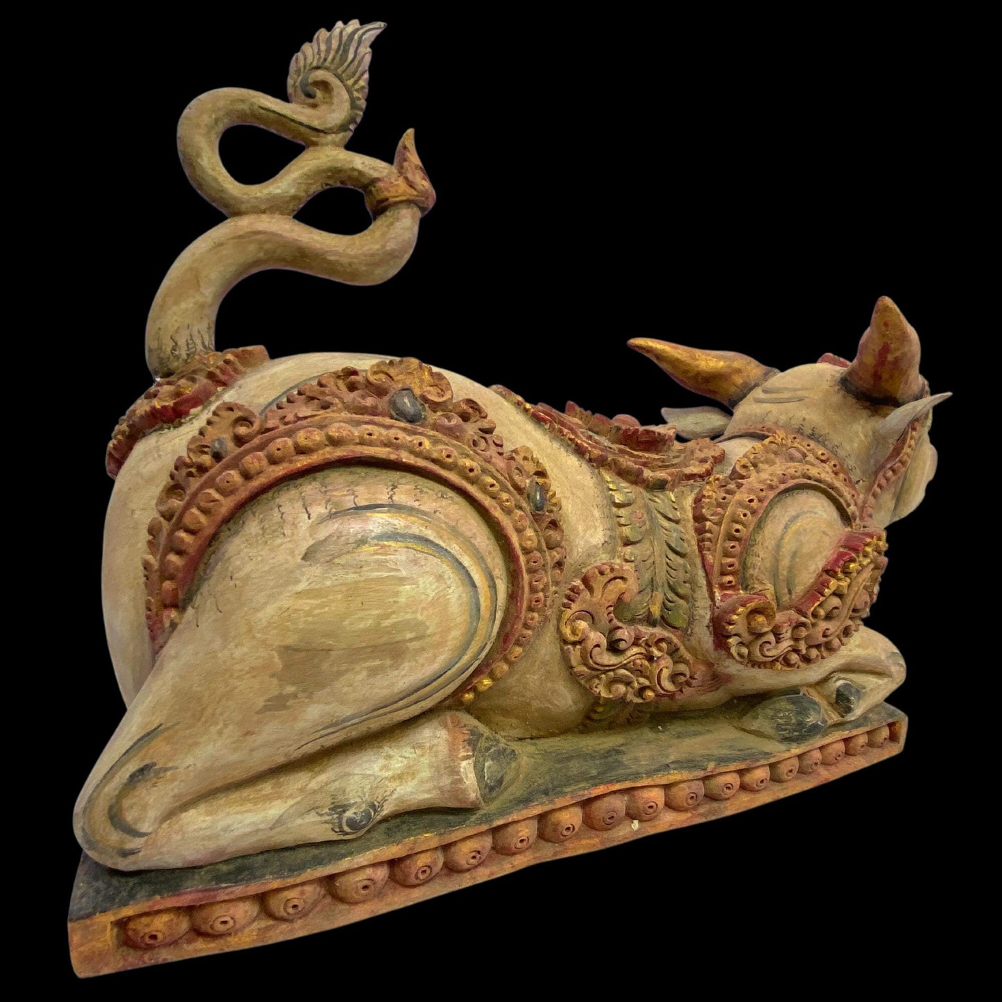 Old Balinese Vintage Nandi The Bull Pratima Sculpture Polychrome Hand Carved Cempaka Wood Statue Bali Indonesian temple Art