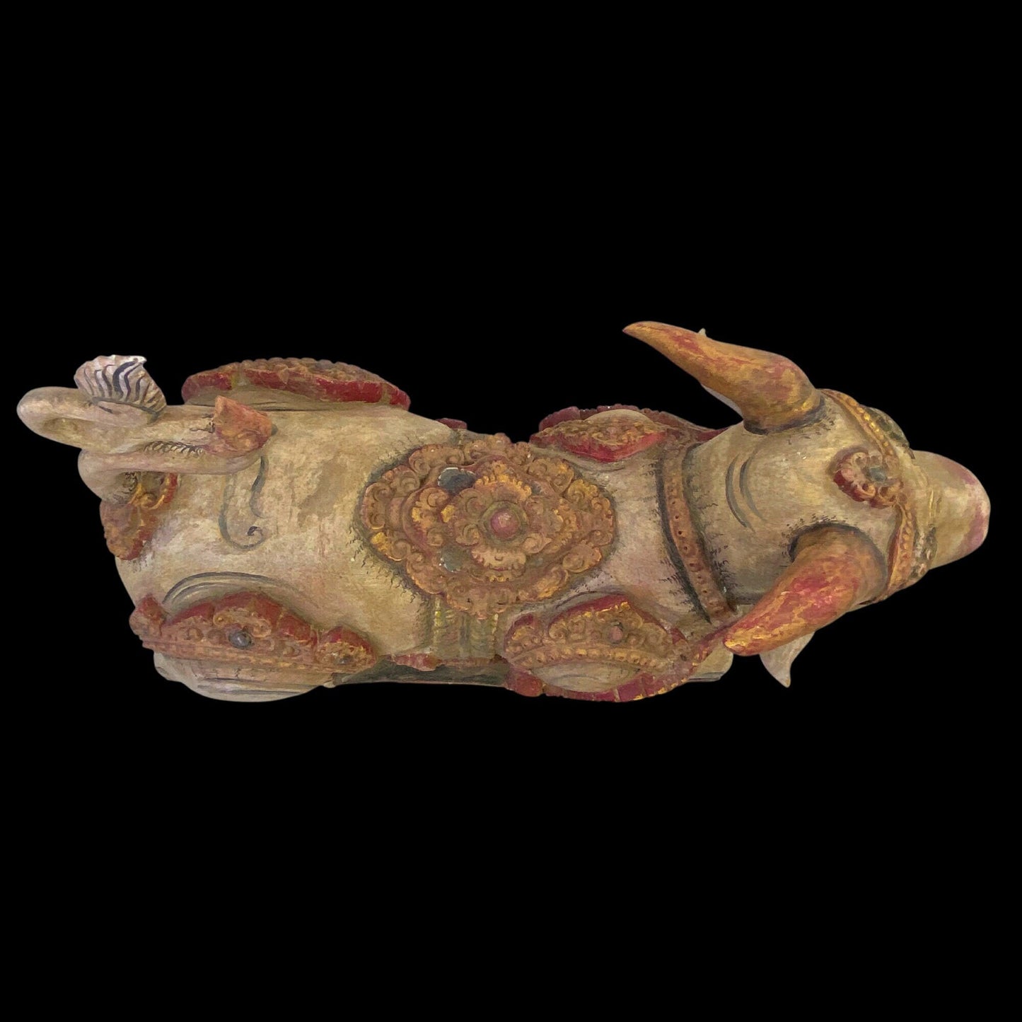 Old Balinese Vintage Nandi The Bull Pratima Sculpture Polychrome Hand Carved Cempaka Wood Statue Bali Indonesian temple Art