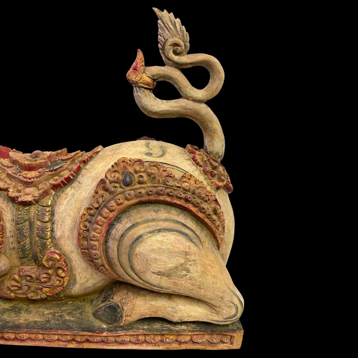 Old Balinese Vintage Nandi The Bull Pratima Sculpture Polychrome Hand Carved Cempaka Wood Statue Bali Indonesian temple Art