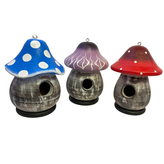Hand Carved Mushroom Birdhouse: Painted Wood Cottage Garden Decor