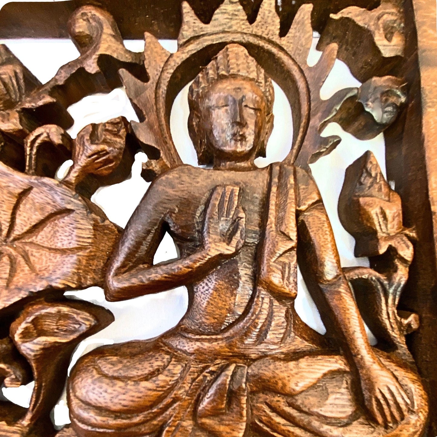 Triple Mudra Buddha Panel Hand Carved Suar Wood Bali Wall Sculpture Balinese Art