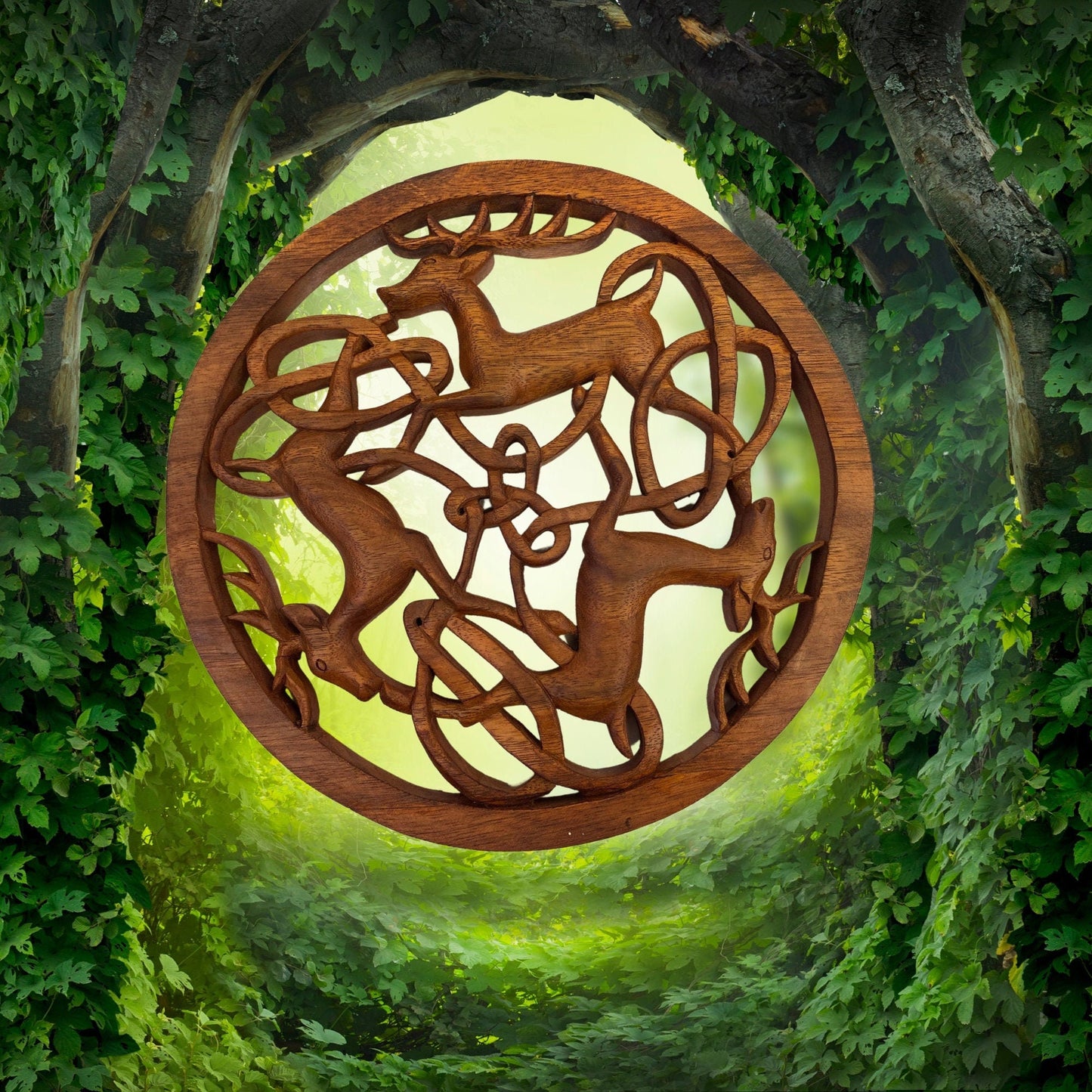 Celtic Deer Hand Carved Wood Panel Wall Art Round wooden Plaque Woodland Decor Balinese Carving Decor