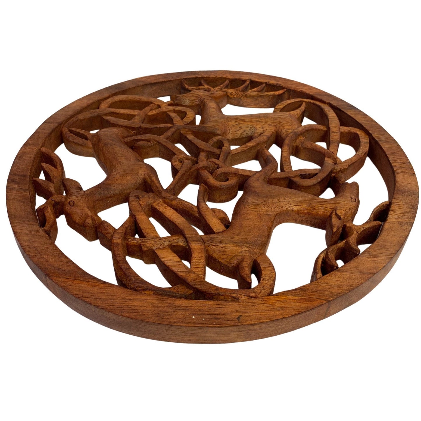 Celtic Deer Hand Carved Wood Panel Wall Art Round wooden Plaque Woodland Decor Balinese Carving Decor
