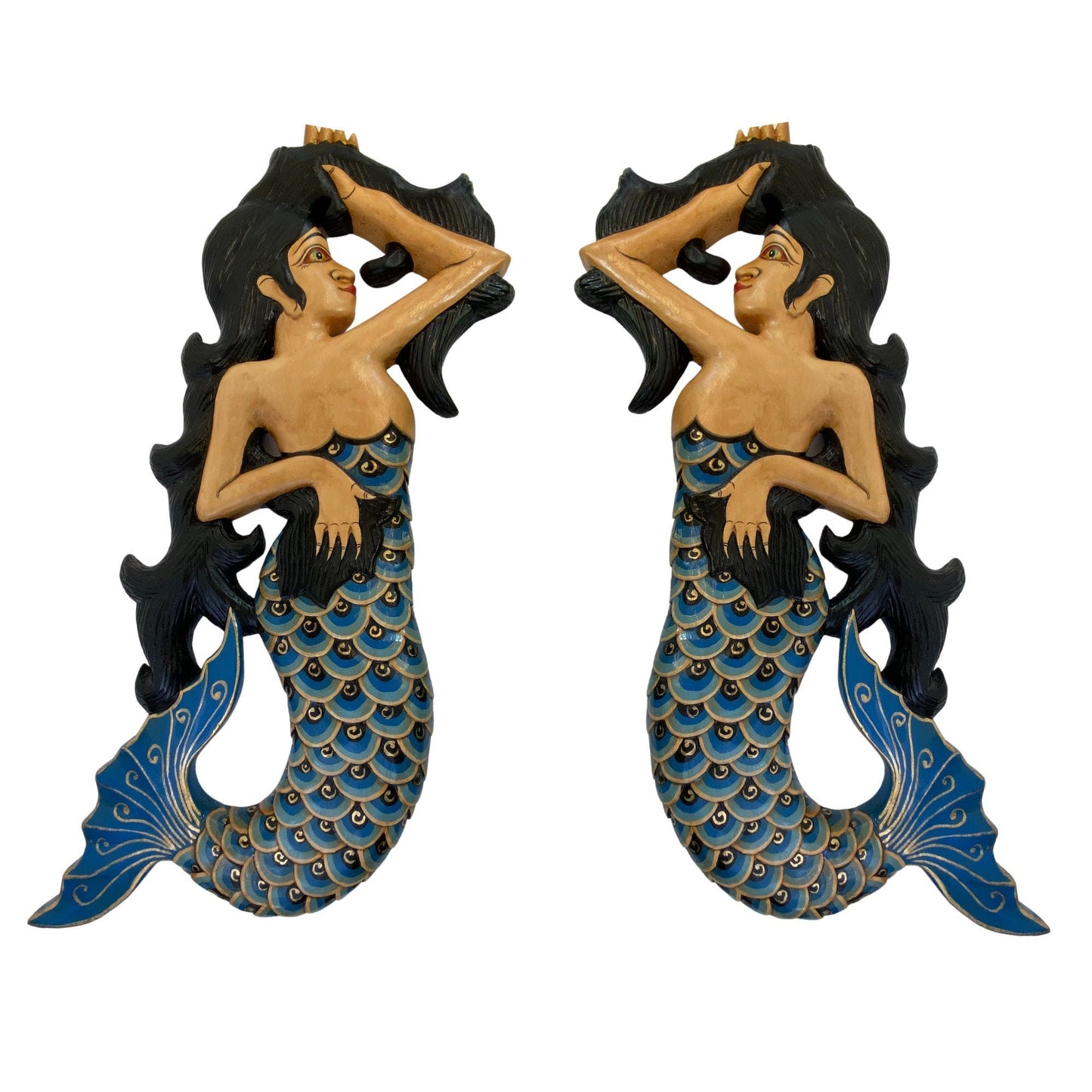Hand Carved Balinese Mermaid Sisters Wood Wall Art Panel - Bali Folk Art