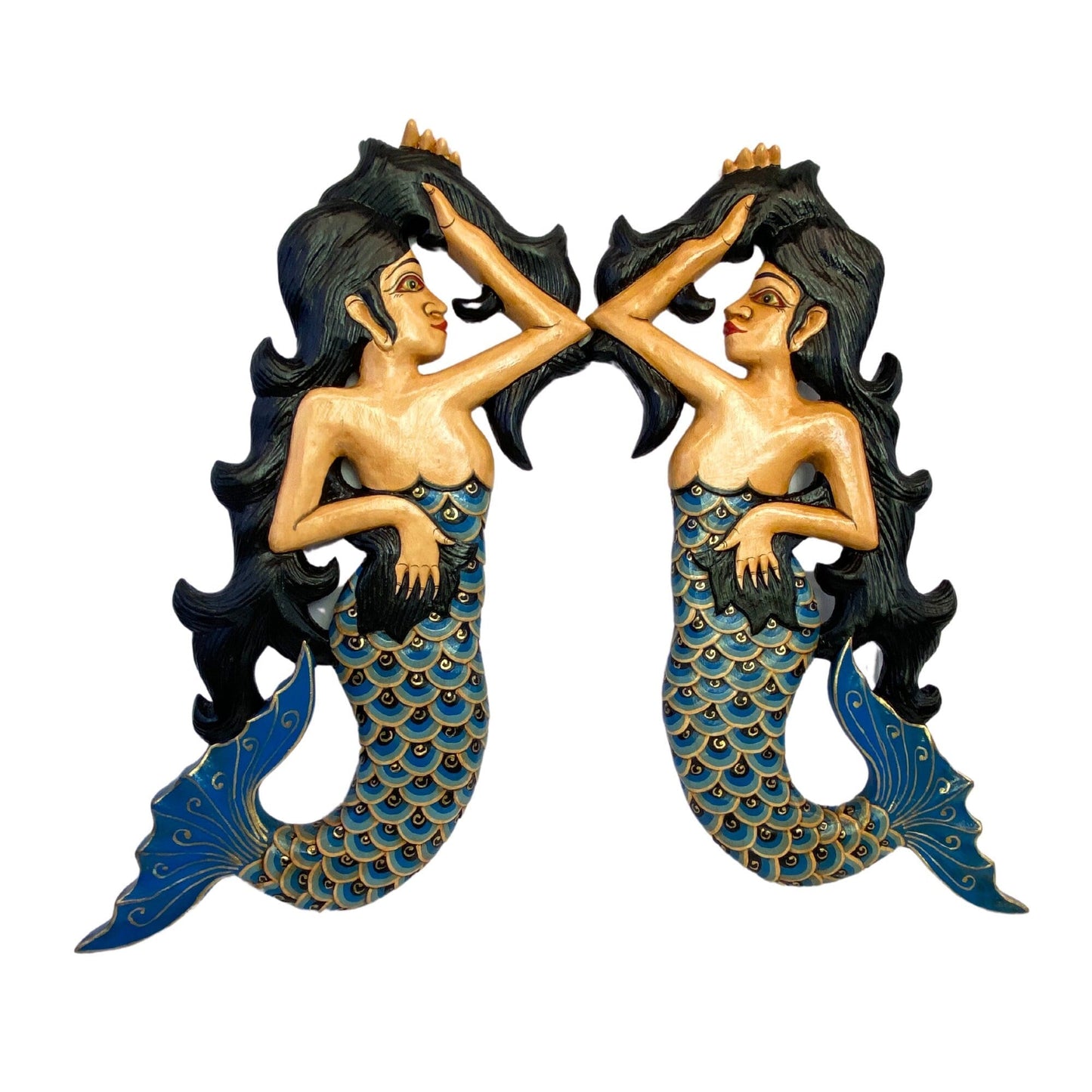 Hand Carved Balinese Mermaid Sisters Wood Wall Art Panel - Bali Folk Art