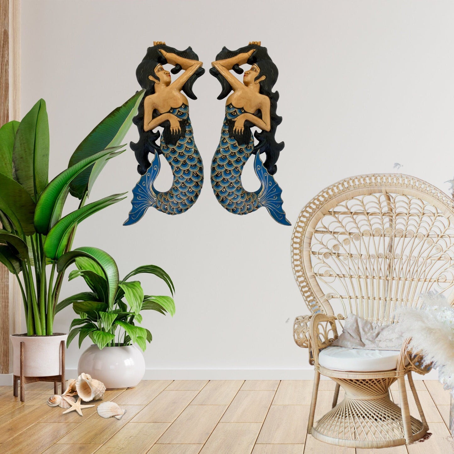 Hand Carved Balinese Mermaid Sisters Wood Wall Art Panel - Bali Folk Art