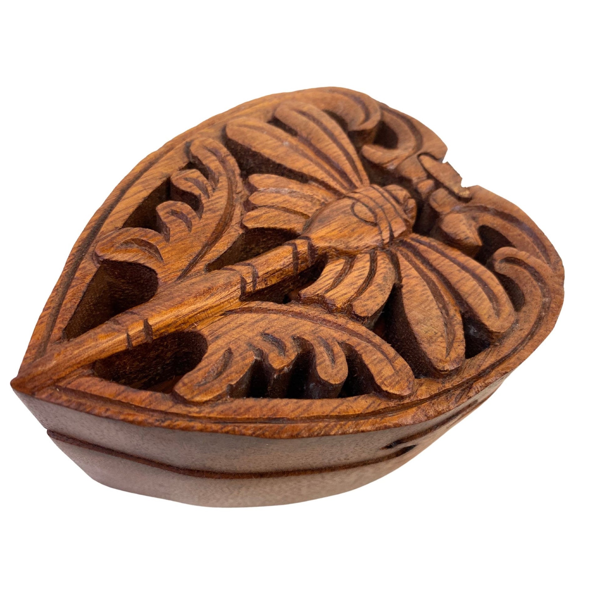 Dragonfly Heart Secret Puzzle Trinket Stash Box Jewelry gift Box Hand Carved Wood Carving Bali art - Acadia World Traders