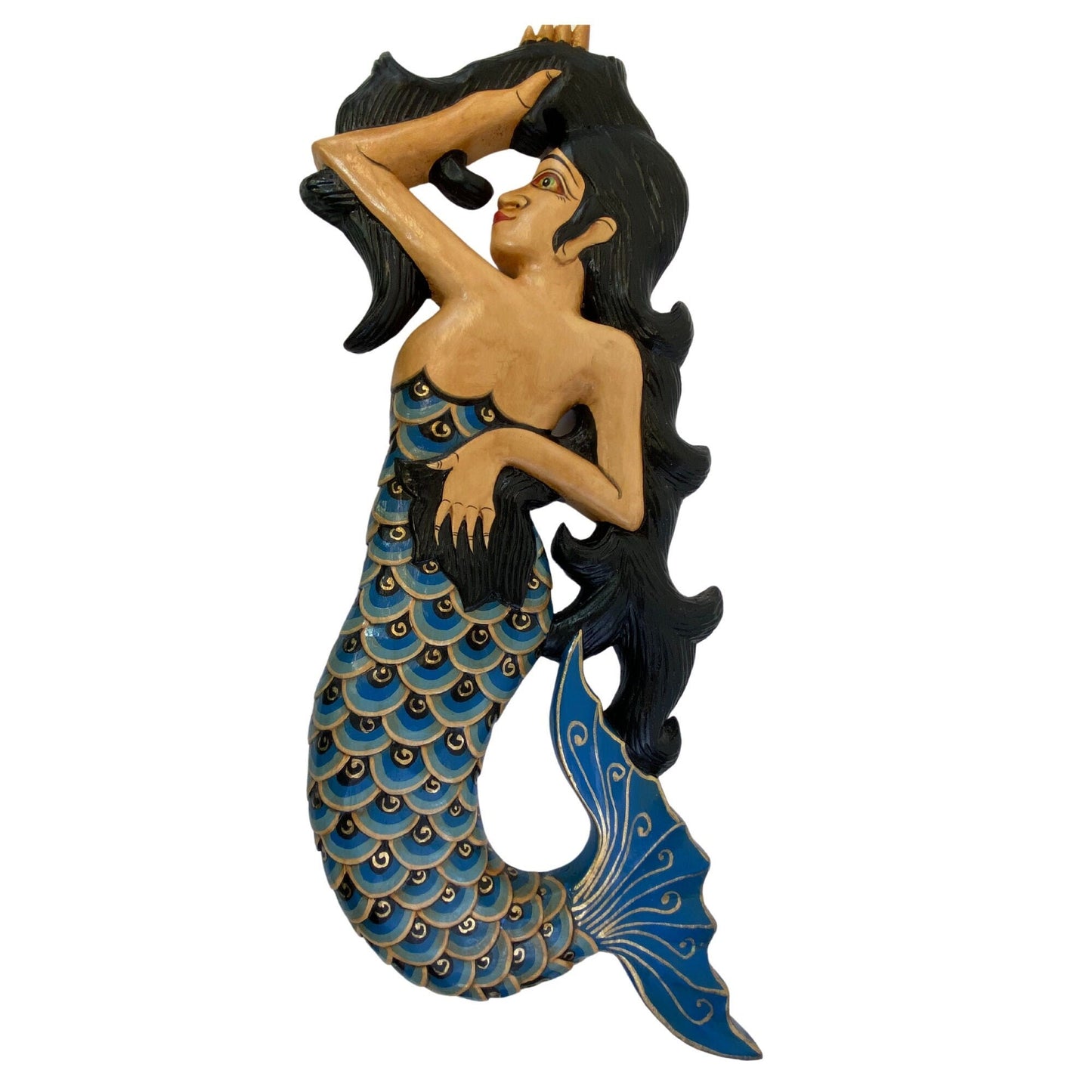 Hand Carved Balinese Mermaid Sisters Wood Wall Art Panel - Bali Folk Art