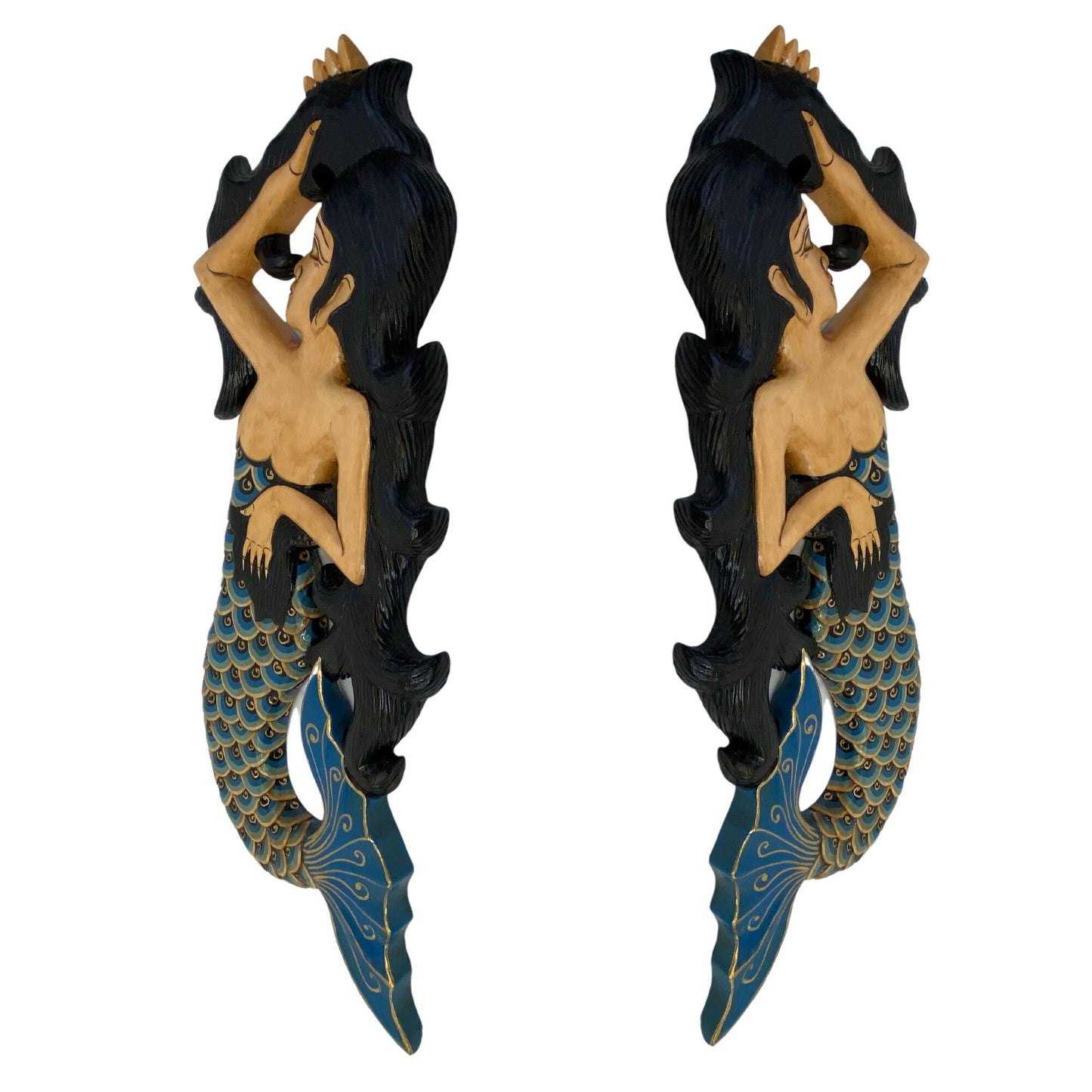 Hand Carved Balinese Mermaid Sisters Wood Wall Art Panel - Bali Folk Art