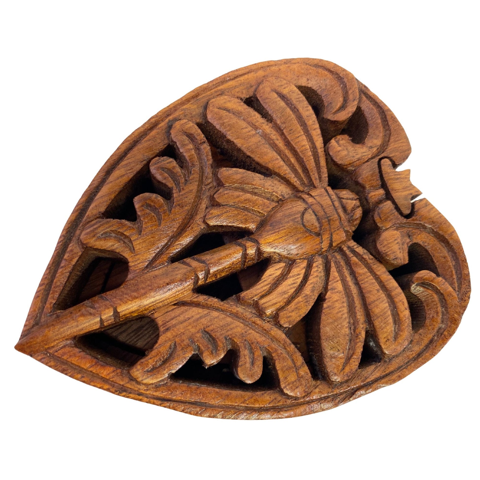 Dragonfly Heart Secret Puzzle Trinket Stash Box Jewelry gift Box Hand Carved Wood Carving Bali art - Acadia World Traders
