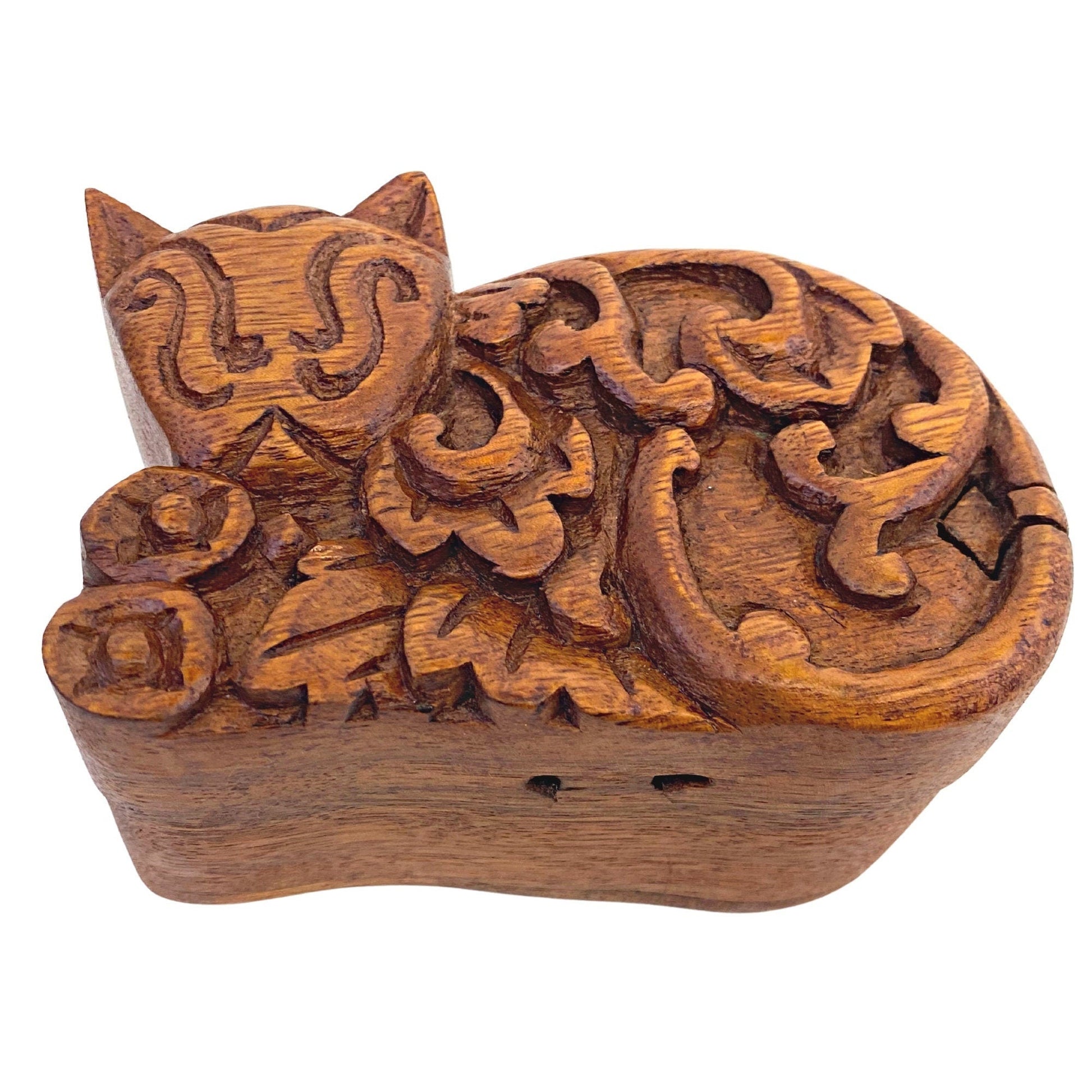 Cheshire Cat Kitty Trippy Cat Secret Puzzle Box Trinket Stash Box Hand Carved Wood jewelry gift box - Acadia World Traders