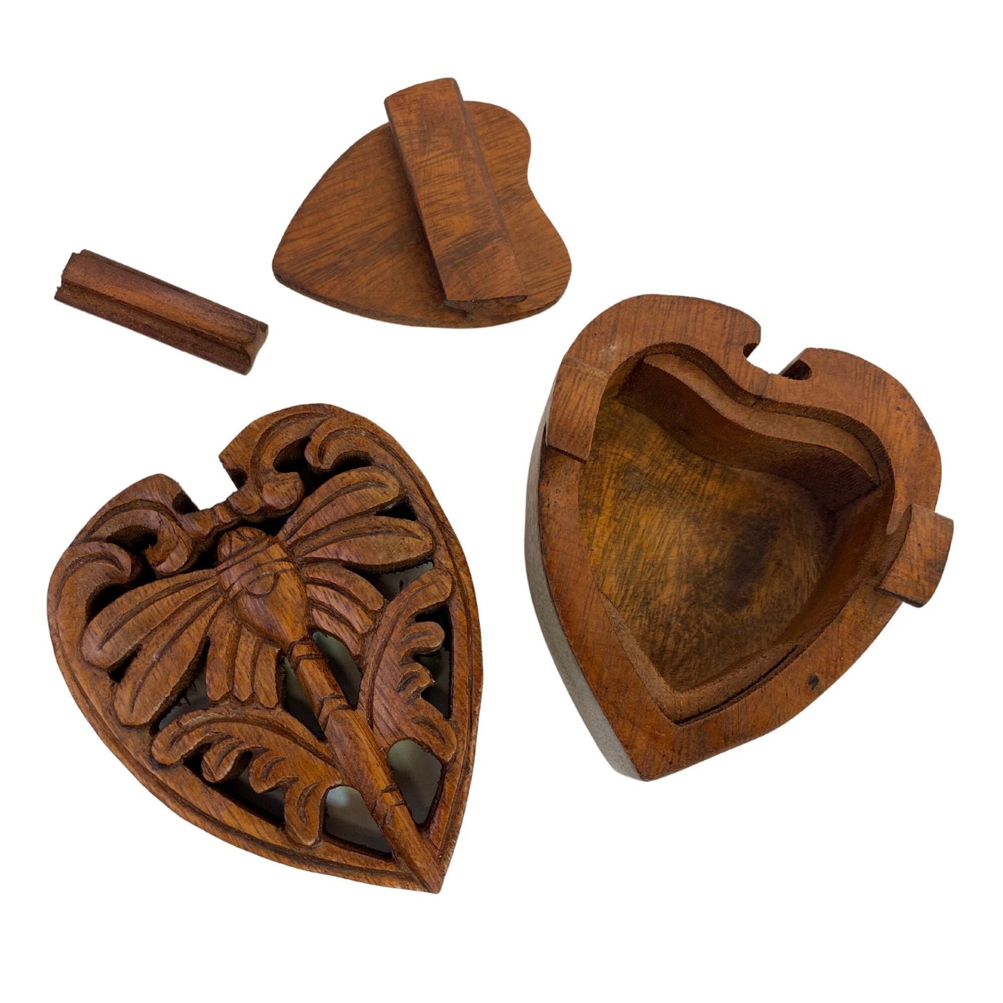 Dragonfly Heart Secret Puzzle Trinket Stash Box Jewelry gift Box Hand Carved Wood Carving Bali art - Acadia World Traders